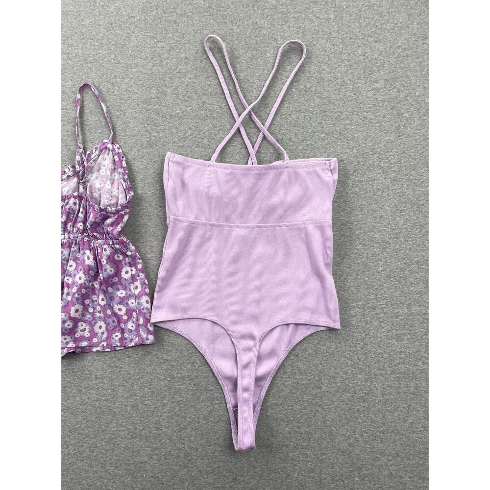 Lot of 2 Nordstrom Tank Tops XS Purple Floral Babydoll & Rib Knit Bodysuit - Picture 7 of 16